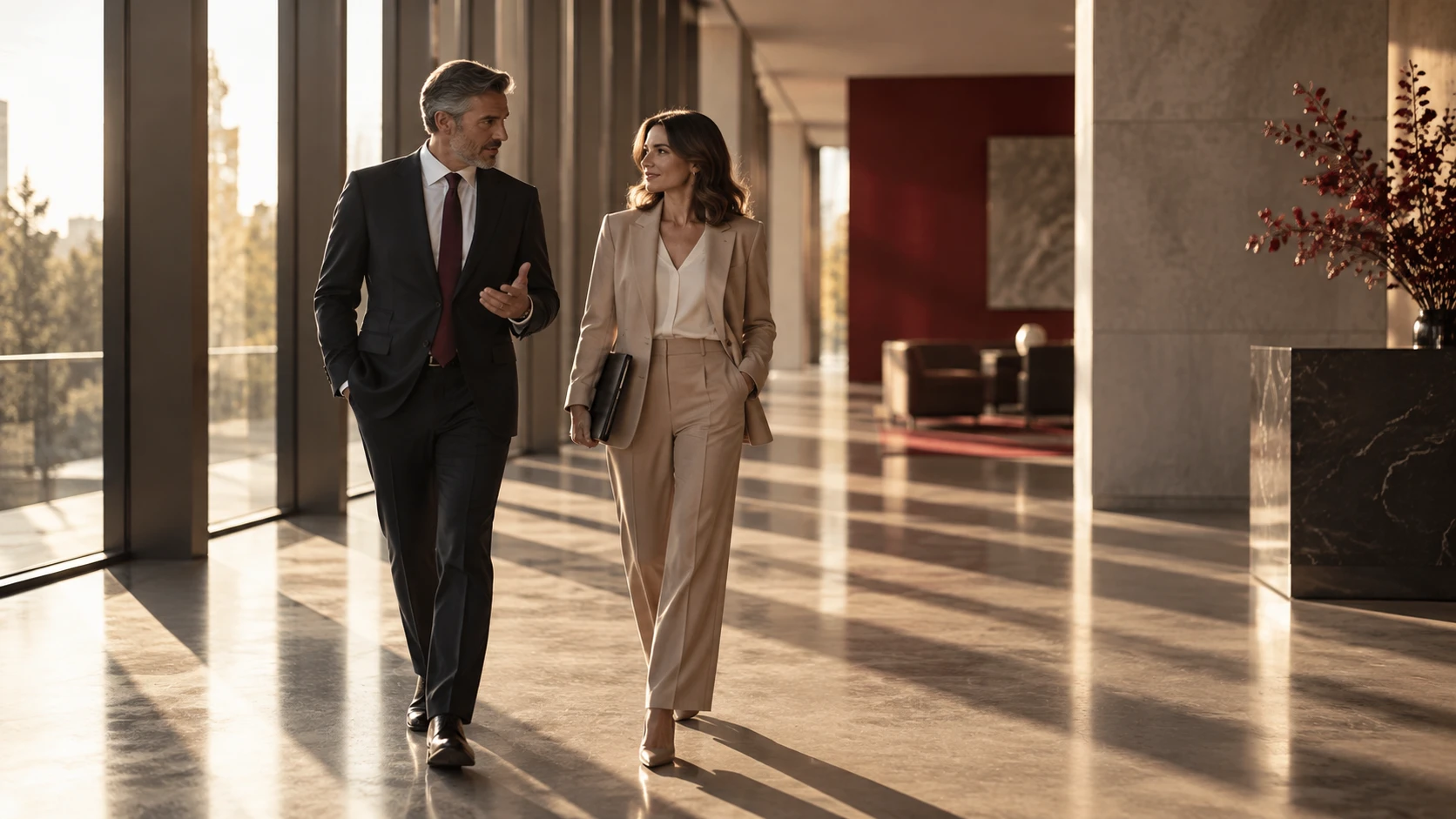 Two finance leaders walking through a sunlit office