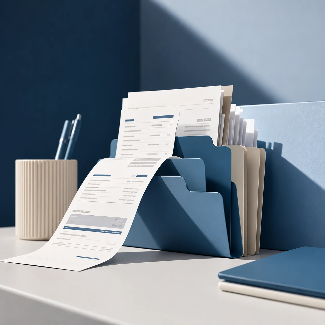 Printed billing statements filed in a desk organiser