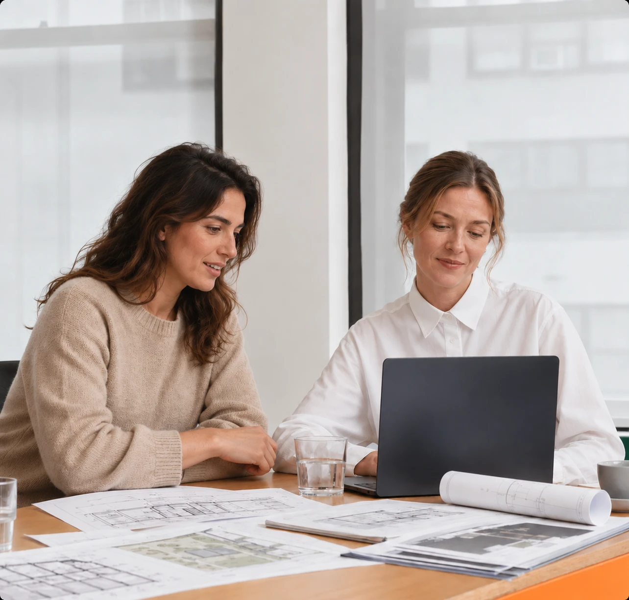 Two Apex Global Solutions team members reviewing facility plans on a laptop