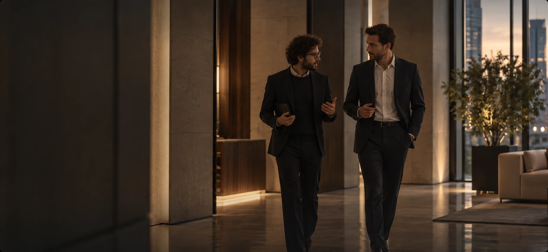 Two Apex Global Solutions colleagues walking through a modern office at dusk